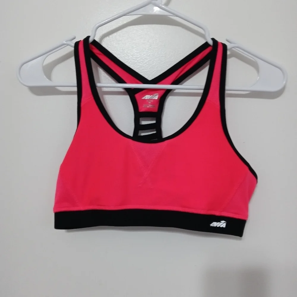 Avia pink black lined racerback sports bra mesh sides reflective logo M
